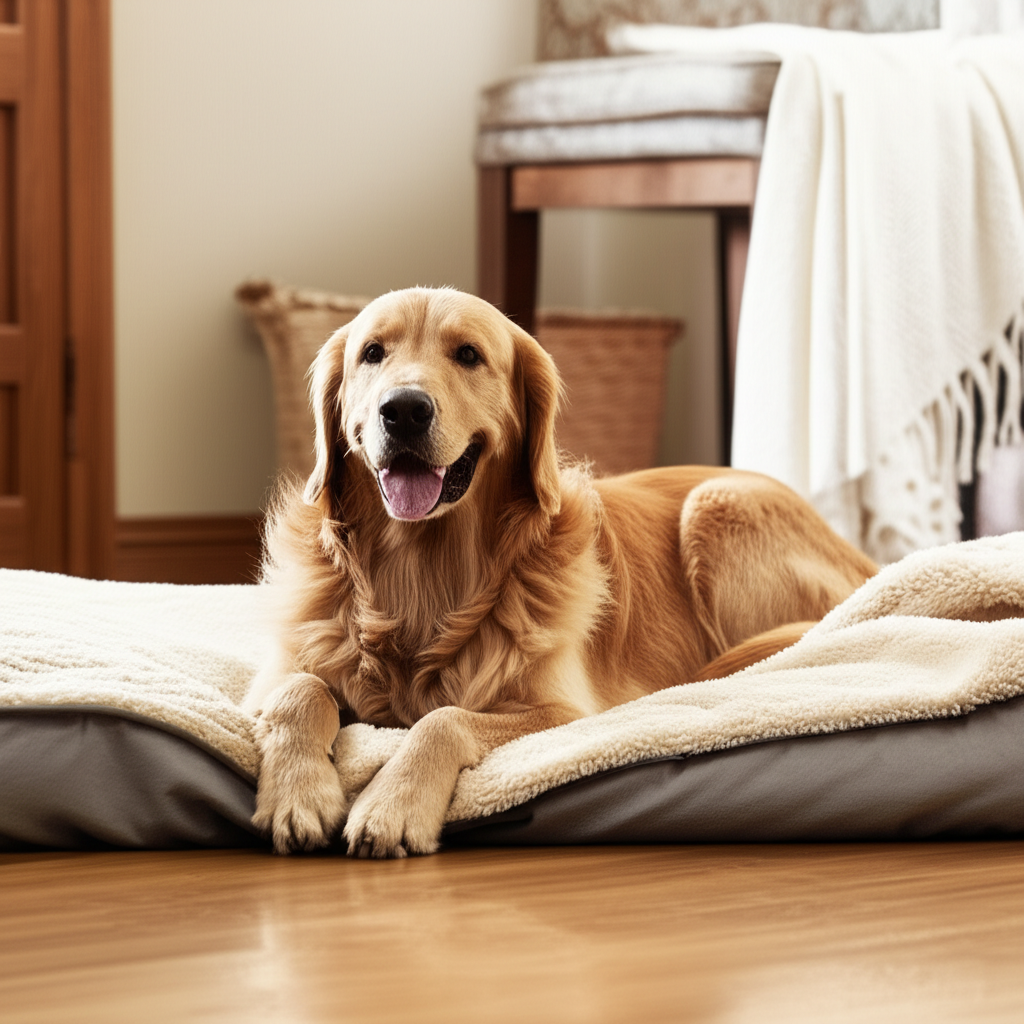 Dog relaxing on comfortable bed