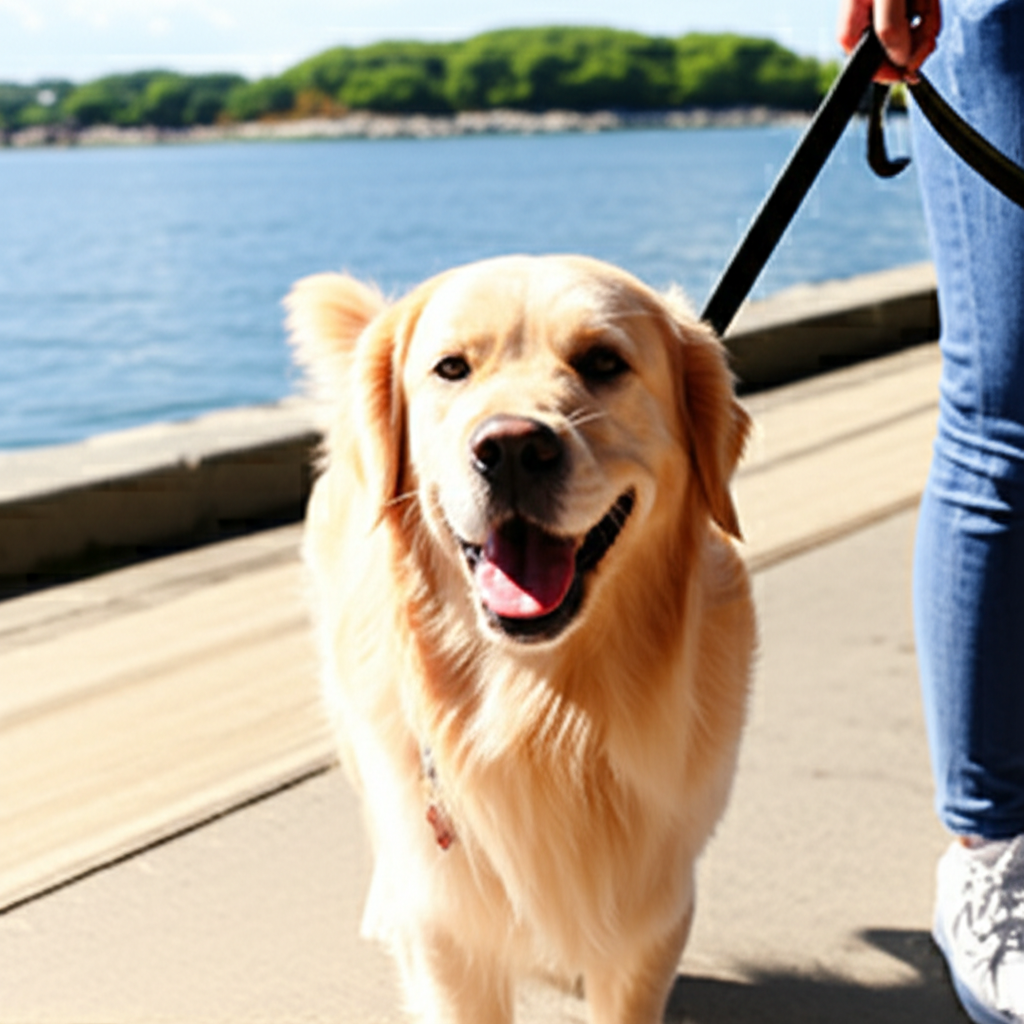 Happy golden retriever being walked by the bay